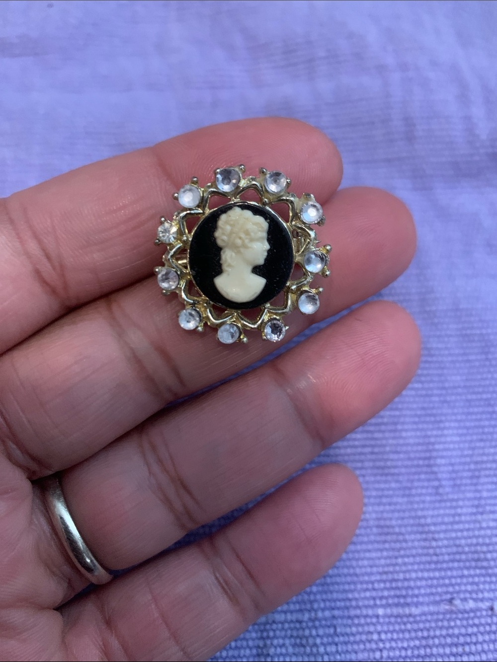 Coro Gold-Tone Black and Cream Cameo Brooch with Clear Stones